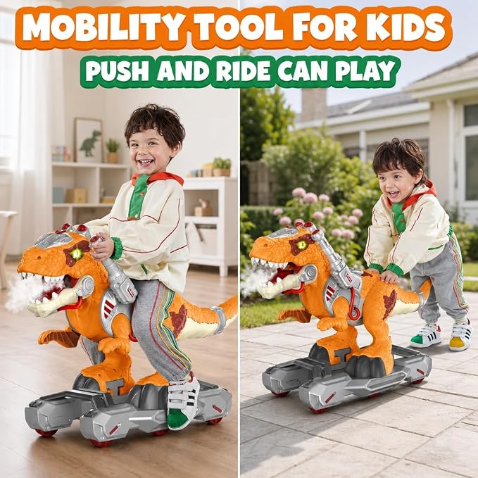 Dinosaur Ride-On Scooter for Toddlers – Electric Push & Ride Foot-to-Floor Sliding Rideable Toy with Music, Lights, Mist Spray for Boys & Girls - Orange (Orange)