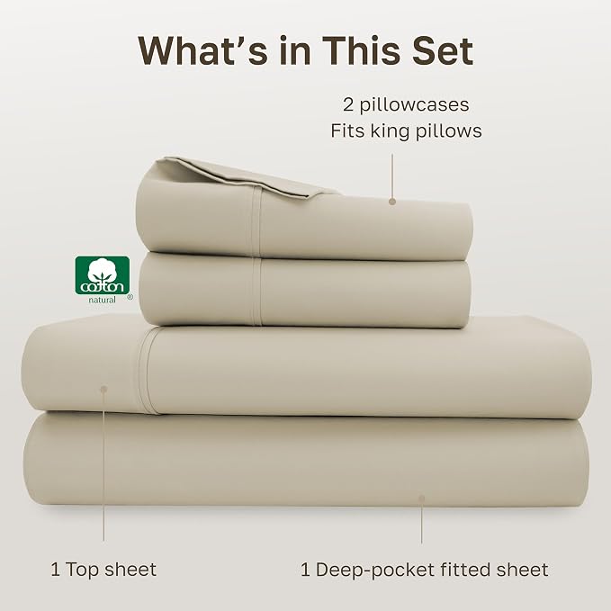 California Design Den Soft 100% Cotton Bed Sheets Cal King Size Set, 400 TC Good Housekeeping Award Winner, Silky Smooth Sateen, Deep Pockets, Durable Cal King Bedding Set - Beige