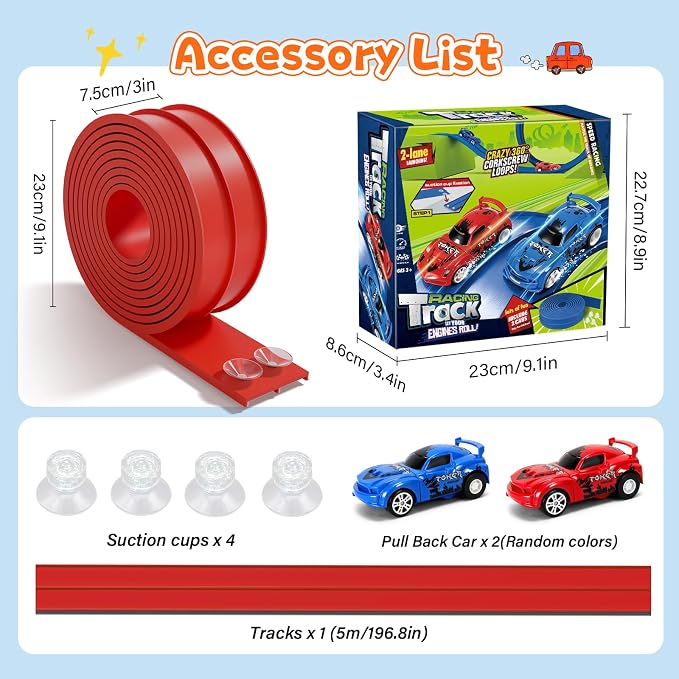 KETIEE Flex Tracks 16Ft for Kids: Flexible Race Car Ramp Track with 2 Small Racecars and 4 Suction Cups Compatible with Diecast 1/64th Cars, Rolls Up Portable Racetrack for Ages 3 & Up