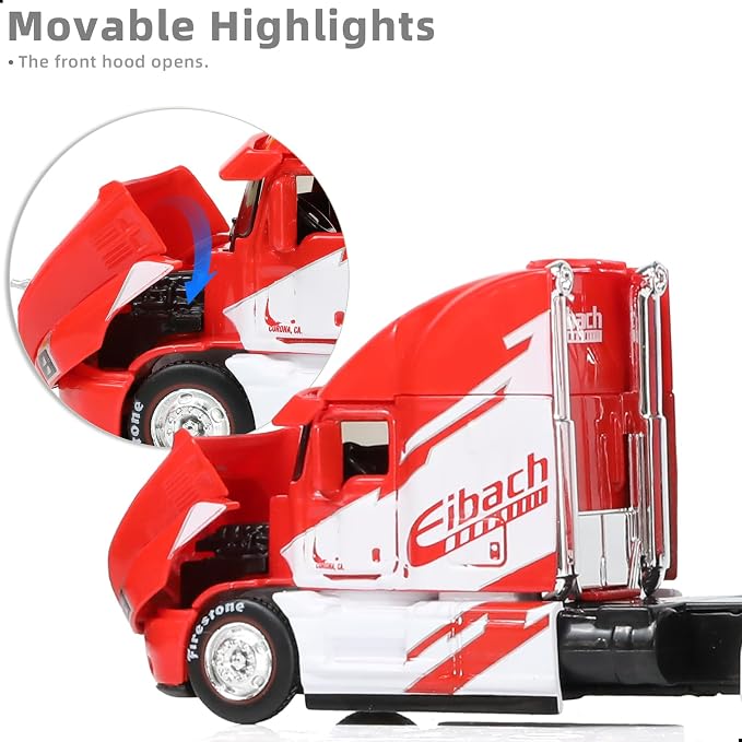 Semi Truck Toy with Trailer, 1/64 Scale Alloy Metal Diecast Heavy Semi Truck Trailer Head Toy Model, MAx Diecast Tow Traktor Gift for Boy Adult Model Car Collector -Redwhite