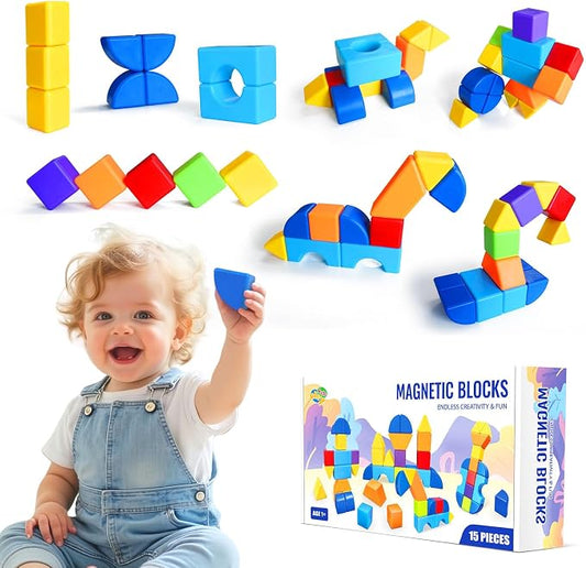Magnetic Building Blocks, 3D Shape Set, 15 PCS for Toddlers Ages 1+ | 7 Colors, Large 1.65 Inch Magnetic Blocks, 5 Types of 3D Geometric Shapes Including Cube