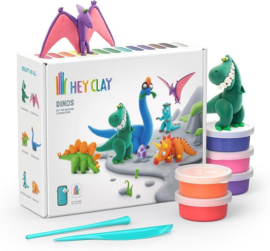 Hey Clay 15 Cans Set - Colourful Modelling Kids Air-Dry Clay 15 Cans with Sculpting Tools and Fun Interactive Instructions for Children Age 3+ (Dinos)