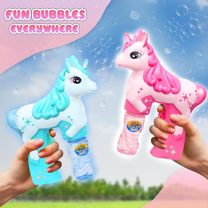 Pink & Green Unicorn Bubble Guns for Kids – Automatic Bubble Machine Blower Toy | Cute Bubble Blaster for Toddlers, Boys & Girls | Outdoor Play, Birthday Party & Summer Fun