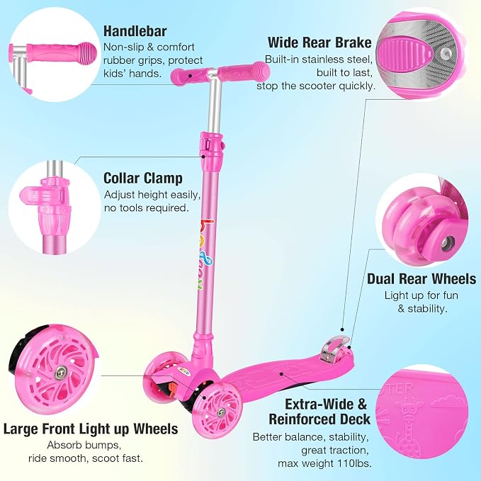 BELEEV Scooters for Kids 3 Wheel Kick Scooter for Toddlers Girls Boys, 4 Adjustable Height, Lean to Steer, Light up Wheels, Extra-Wide Deck, Easy to Assemble for Children Ages 3-12