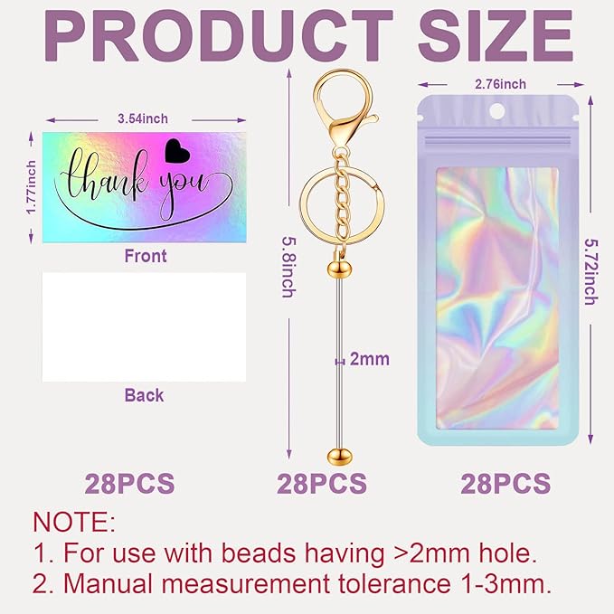 42/84/126 Pcs Beadable Keychain Bars Bulk Blank DIY Beaded Keychain Making Supplies with Bag Thank You Card