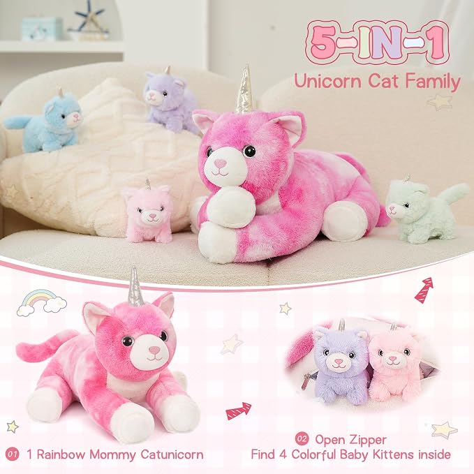 MorisMos Unicorn Cat Stuffed Animal With Kitten Babies, 24'' Caticorns, Rainbow Unicorn Cat Toys for Girl Boy Kids, Mommy Plush Cat With Baby Kitten Stuffed Animals, Kitty Cat Pillow