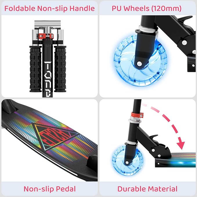 TONBUX Scooters for Kids 5-12, 2 Wheel Scooters with Cool Light Up Stem, Wheels, and Deck, 3 Level Adjustable Height Kick Scooter, Foldable and Lightweight Scooter for Kids 8-12