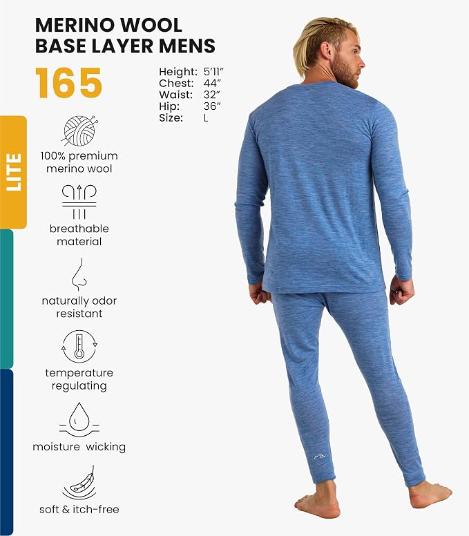 Merino.tech Merino Wool Base Layer Mens Set - Heavyweight, Midweight, Lite Merino Wool Thermal Underwear For Men Top, Bottom