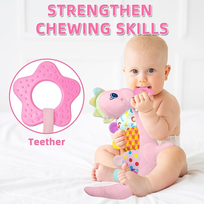 Baby Dino Musical Stuffed Animal Toys for 0-3-6-9-12 Months，Infant Dinosaur Tummy Time Toys with Crinkle Sound Paper,Teether，Textures & Rattles for Newborn Boys Girls Birthday Gifts，Pink