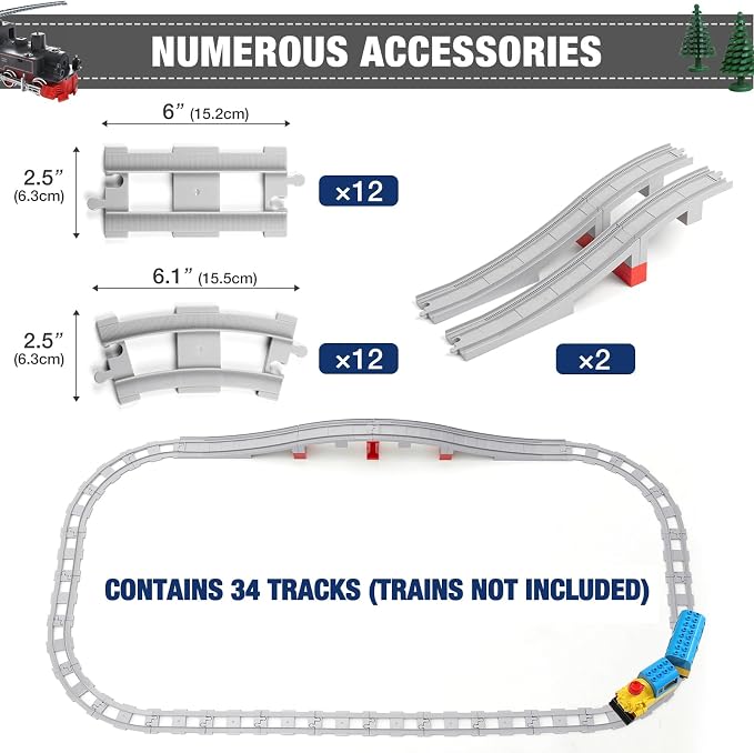MANNIDOO 34 Pieces Train Bridge Tracks, Classic Railway Track with 12 Curved Tracks, 12 Straight and Bridge Tracks - Compatible with All Major Brands, Toy Track Accessory for Kid, Light Grey