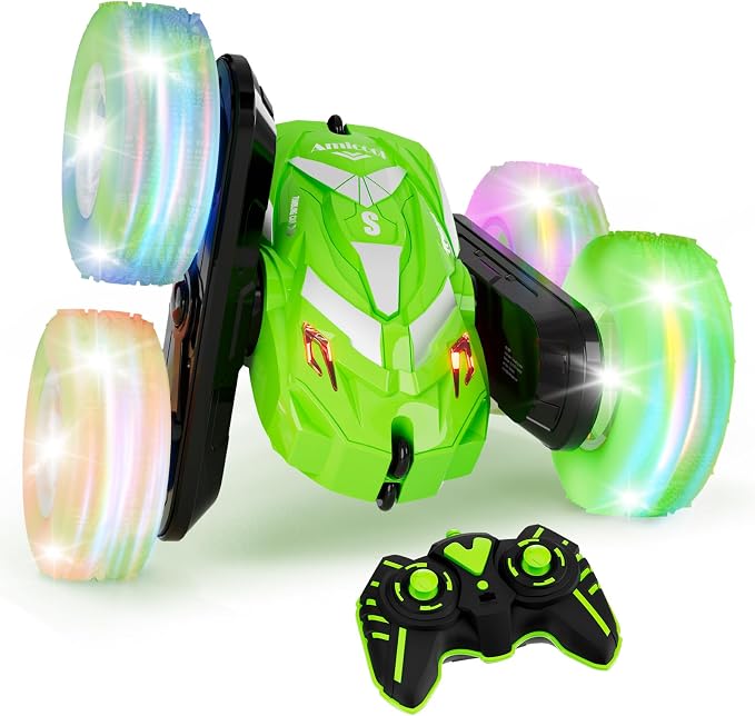 Amicool Remote Control Car for Boy 6-12 with Flashing Light, 6 7 8 9 Years Old Boy Toys, Race RC Cars Stunt Drift 4WD 2.4Ghz Double Sided 360° Flip, Boys Gift Idea for Kids Birthday Christmas, Green
