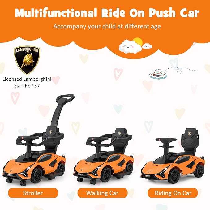 INFANS 3 in 1 Ride on Push Car, Licensed Lamborghini Baby Stroller Sliding Walking Car with Parent Control Handle, Music, USB, Headlight, Under Seat Storage, Foot-to-Floor Toy 18-60 Months (Orange)