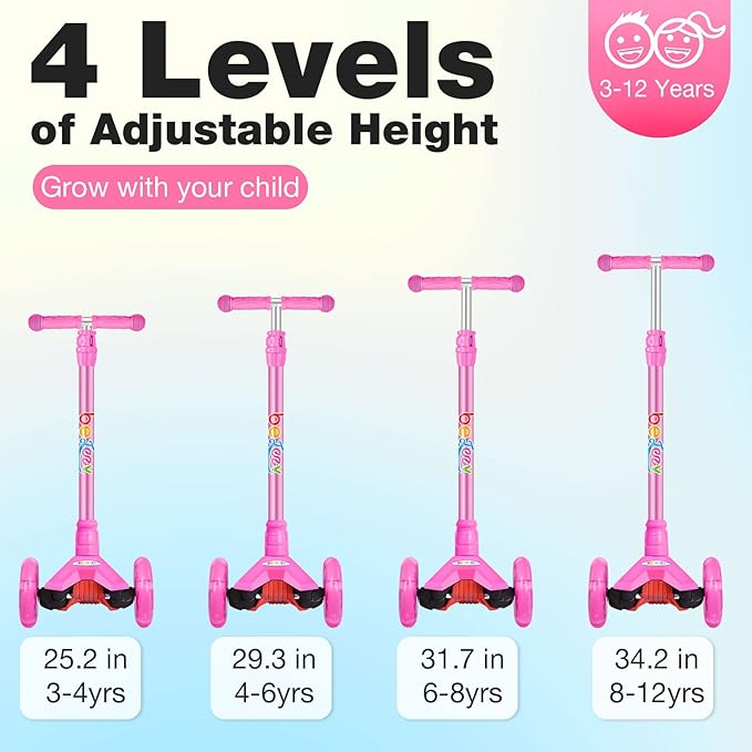 BELEEV Scooters for Kids 3 Wheel Kick Scooter for Toddlers Girls Boys, 4 Adjustable Height, Lean to Steer, Light up Wheels, Extra-Wide Deck, Easy to Assemble for Children Ages 3-12
