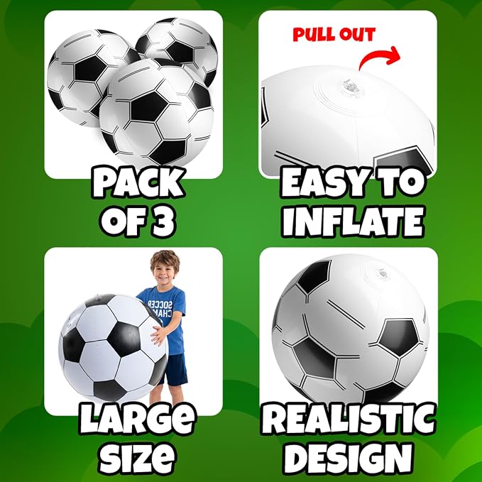 24-Inch Giant Beach Balls - (3-Pack) Inflatable Soccer Beach Balls - Extra Large Blow Up Pool Balls for Kids, Summer Pool Toys, Soccer Party Decorations & Sports Theme Decorations