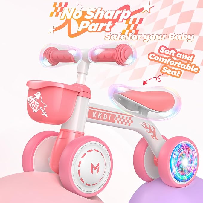 Kkdi Baby Balance Bike Ride on Toys for 1 2 Year Old, Pink Toddler Bike, First Birthday Gifts for 1 2 Year Old Girls, Baby Indoor Outdoor Toy, Colorful Lighting Silent Wheels, No Pedal/Basket