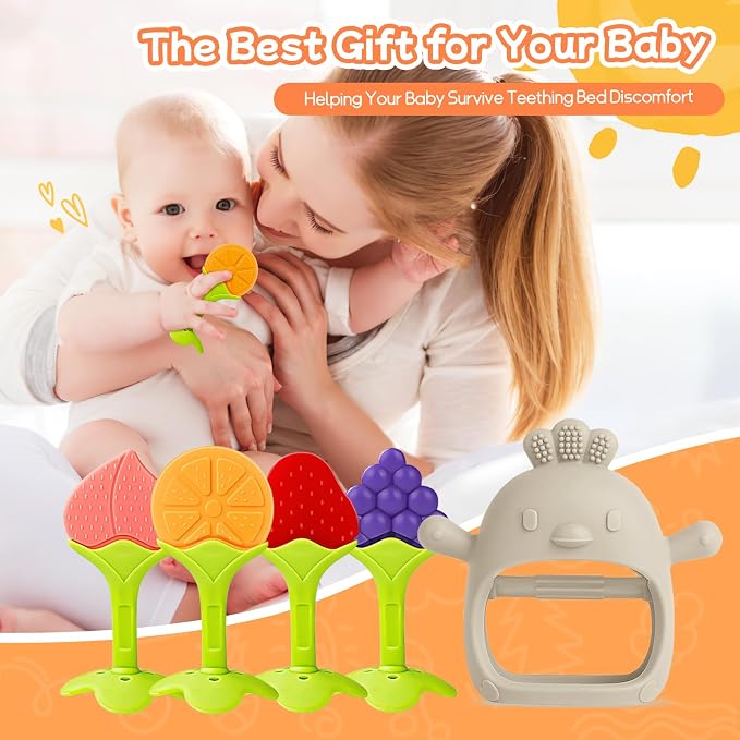 Tinabless Baby Teething Toys 5 Pack, Silicone Teething Mitten & Hand Teethers for Babies 3+ Months, BPA-Free Food Grade Silicone Chew Toys, Anti-Drop, Freezer Safe, Caramel