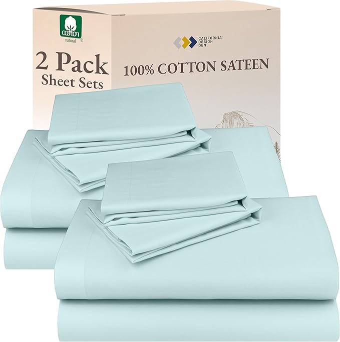 California Design Den 100% Cotton Pack of 2 Sheets Set for Queen Size Bed, Soft & Durable Cotton Sheets Deep Pocket, Queen Sheet Set with Sateen Sheets (Seafoam)