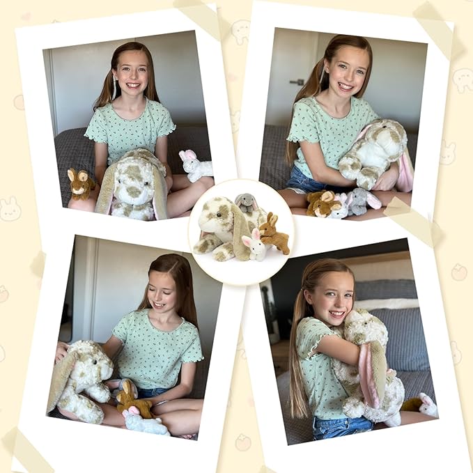 MaoGoLan 4pcs Gray Spotted Lop Eared Rabbit Bunny Stuffed Animal Plush, 17.5" Large Mommy Stuffd Rabbit Plush with 3 Bunny Babies, Cute Soft Stuffed Animal Toy Gift for Girls Boys Kids
