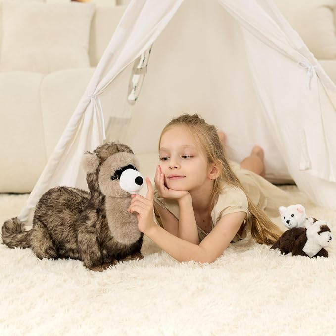 3Pcs Ferret Plush Toy with Babies, Mother Ferret Stuffed Animal with 2 Cute Stuffed Baby Ferrets, 18" Snuggly Forest Animal Plushies for Kids, Christmas Birthday Gift