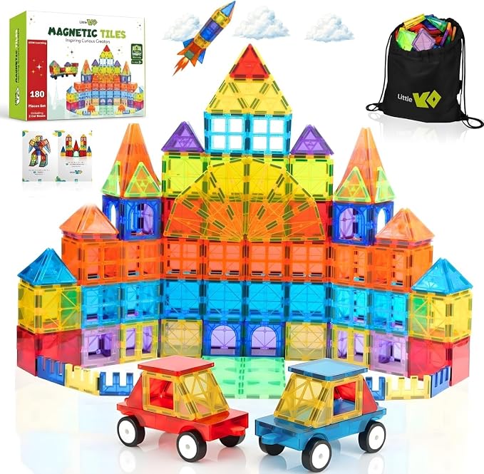 Magnetic Tiles Set 180 PCS with 2 Cars Bases, STEM Educational Magnet Toys for Kids Ages 3-12, Magnetics for Kids & Preschool, Creative Magnetic Building Toys for Boys & Girls