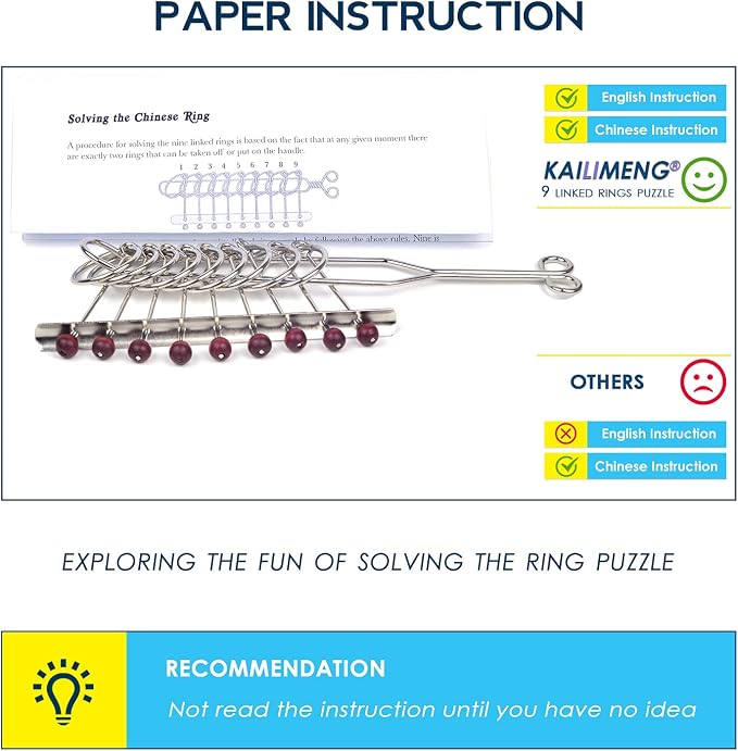 KAILIMENG 9 Linked Rings Metal Puzzle - Adult Hard Puzzle - Brain Teasers Mind Game for Adults - Classical Handheld IQ Trick Toy