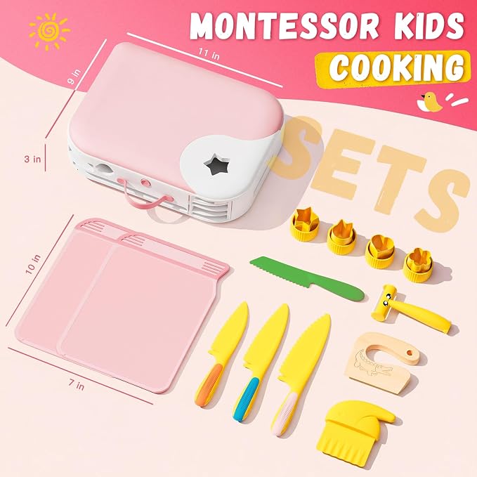 Montessori Kitchen Tools for Toddlers,Kids Knife for Real Cooking,Toddlers Knife Set with Storage Box Kids Safe Knives Children Cutting Set and Peeler,Montessori Toys for Kitchen Set -Pink