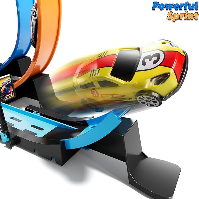 LILYBUDS Toy Car Track Gift Set for Boys Kids Age 3-5 4-7 8-12, Long Race Tracks with 4 Action Loops and 4 High-Speed Slot Die-Cast Race Cars, 35+ Pieces Race Tracks to Create Multiple Configurations