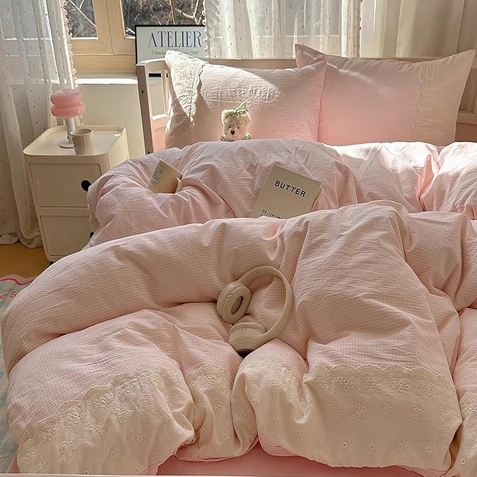 LifeTB Pink Gingham Comforter Set Full Size Soft Fluffy Romantic Lace Bedding Set Cottagecore Cute Plaid Checkered Comforter Set 3 Pieces Pink Grid Farmhouse Bedding Comforter with 2 Pillowcases