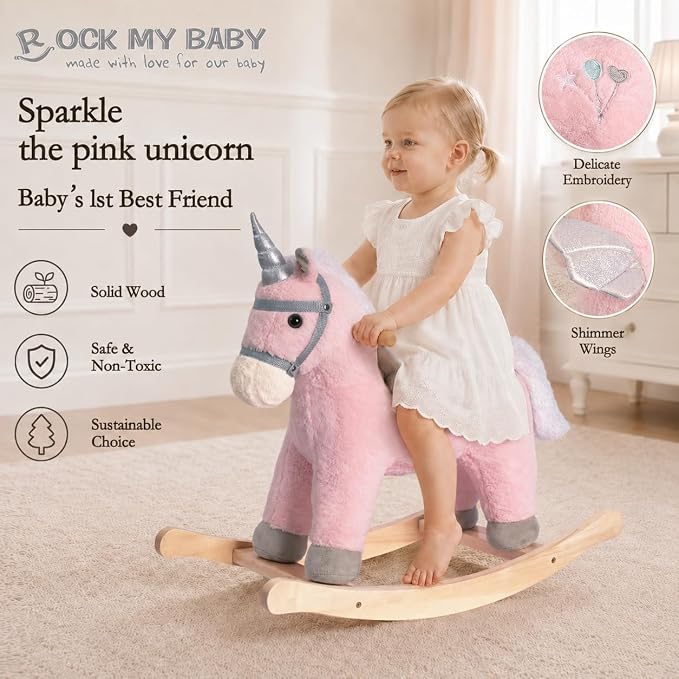 Rock My Baby Rocking Horse, Pink Unicorn/Pony Animal Rocker with Realistic Sound Plush Stuffed Rocking Horses for Toddlers 18M+, CPC Certified