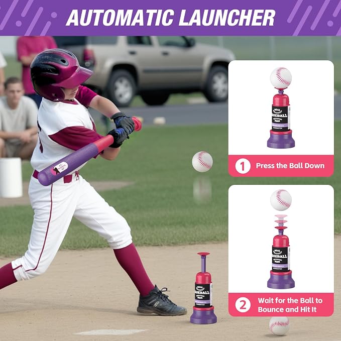 QDRAGON 4 in 1 Tball Set for Toddlers 3-5 with Toss and Catch Ball Set / 2 Bats, Hanging Tee Ball Stand with Auto Pitching Machine, Indoor Outdoor Sport Toys Games Christmas Birthday Gifts for Girls