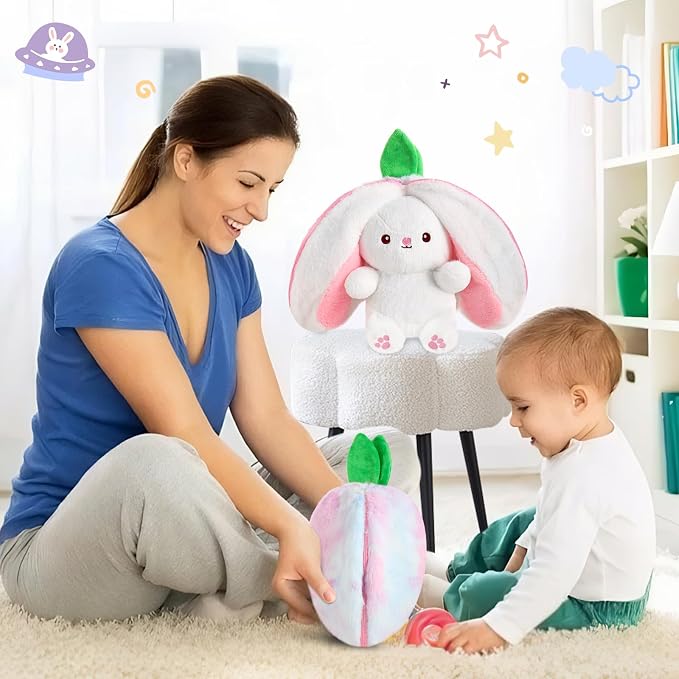 MIAODAM Rainbow Strawberry Bunny Stuffed Animal, Strawberry Bunny Plush Turn Into Rabbit Fruit Doll, Plushie Cute Bunny Toy for Kids (10 inch)