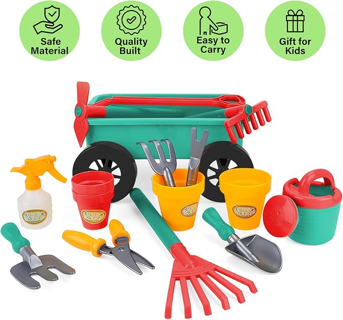 deAO Kids Garden Wagon Wheelbarrow and Gardening Tools Play Set Includes 10 Accessories and 4 Plant Pots,Great Outdoor Toddler Toys Kids Gardening Set