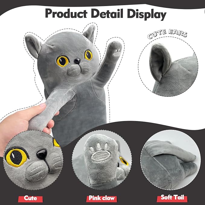Long Cat Plush Pillow, 27.6in Cute Gray Cat Plushie Stuffed Animals Body Pillow, Kawaii Kitten Soft Plushie Doll Toy Birthday Gift for Children Girlfriend