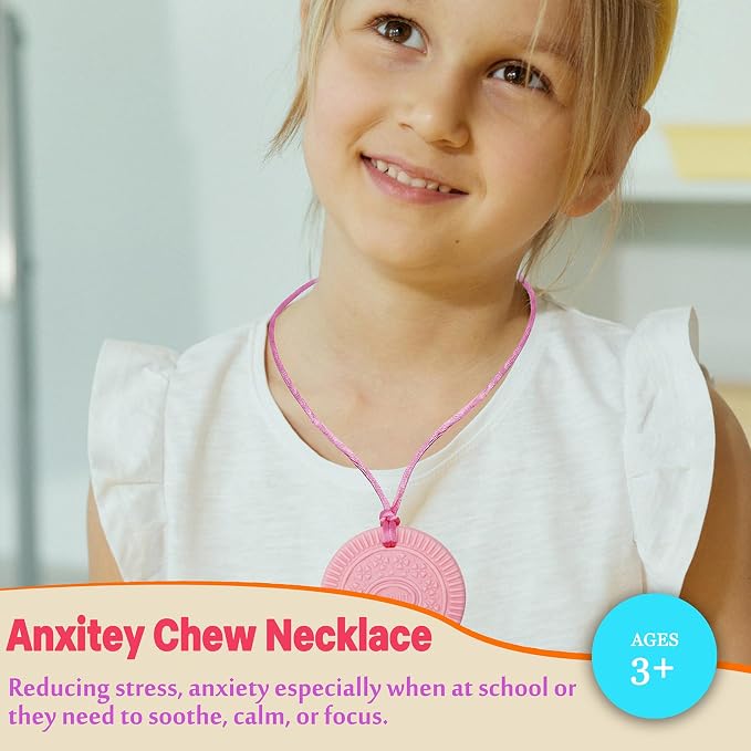 Chewy Necklaces for Sensory Kids Girls, 2 Pack Silicone Sensory Chewy Necklace for Boys with Chewing, Autism, ADHD, SPD, Oral Motor Anxiety Pendant for Adults
