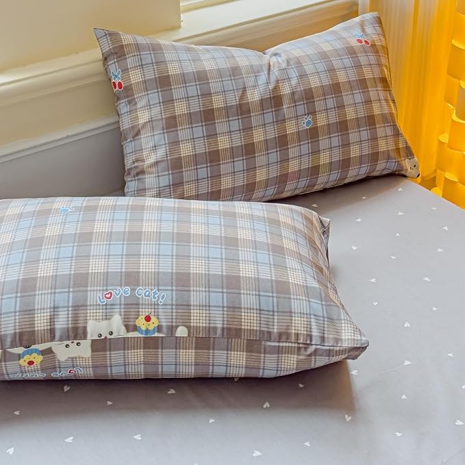 LIWHENHAO Duvet Cover Set Twin 100% Cotton Bedding Cartoon Cat Kitten on Brown Plaid 1 Kawaii Animal Pet Comforter Cover Zipper Closure 2 Pillowcases for Kids Girls Boys