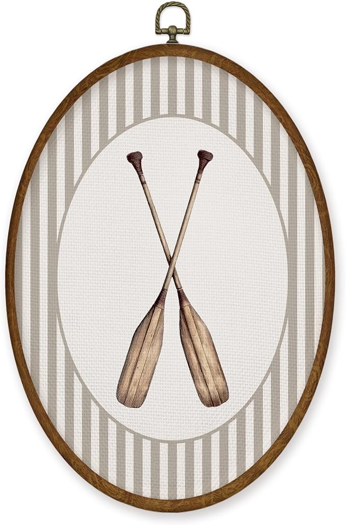 WULQYING Coastal Nautical Rowing Oars Wall Art Decor, Nautical Nursery Oval Framed Canvas Art Prints, Coastal Beach Paddles Wall Hanging Decor for Kids Room Bedroom Playroom, 8.6x11.4 Inches