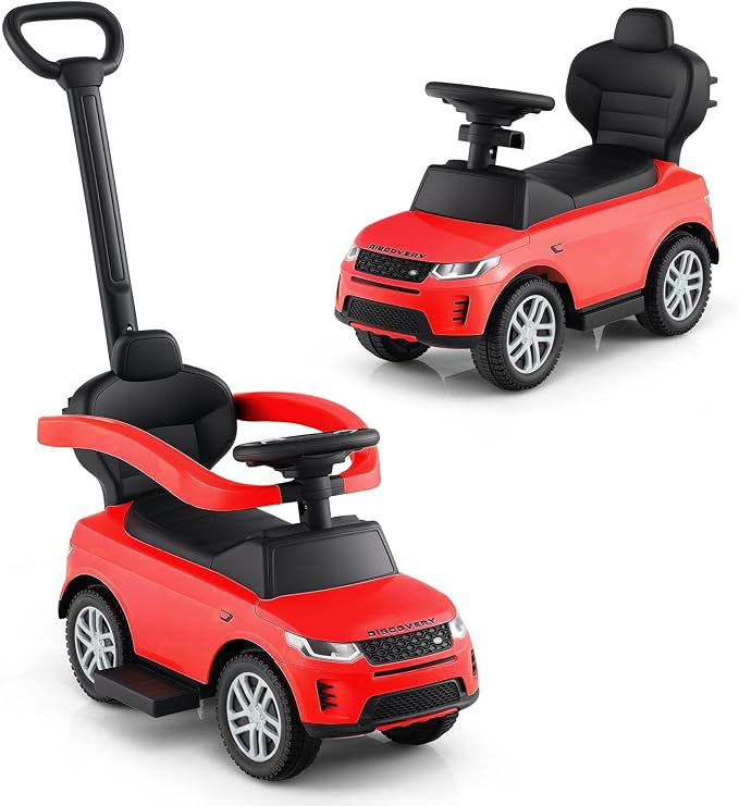 Licensed Push Car for Toddlers by INFANS, 3 in 1 Sliding Walking Car with Push Handle, Horn, Music, Underneath Storage, Foot-to-Floor Ride on Toys for Boys Girls (Red)