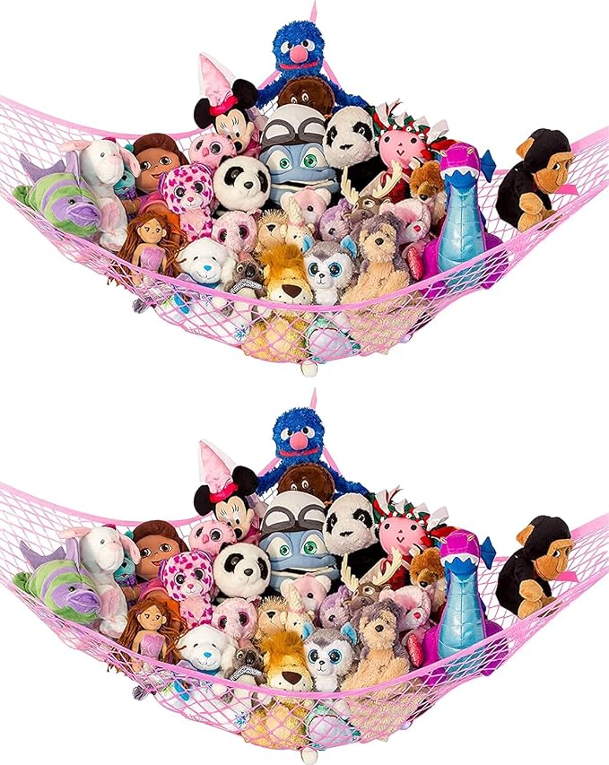 Stuffed Animal Hammock XL 2 Pack | Corner Stuffed Animal Storage & Plushie Net | Extra Large Toy Hammock for Stuffed Animals | Easy Hang, Hardware Included | Pink Bedroom Decor | by Lilly's Love