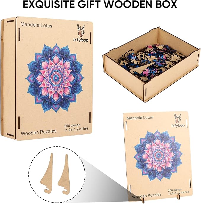 Ixfyloop Mandala Wooden Puzzles for Adults, Lotus Adult Puzzles 192 Pieces, Wooden Jigsaw Puzzles Unique Shape, Mindfulness Wood Puzzles Adult, 11.1x11.2 inch