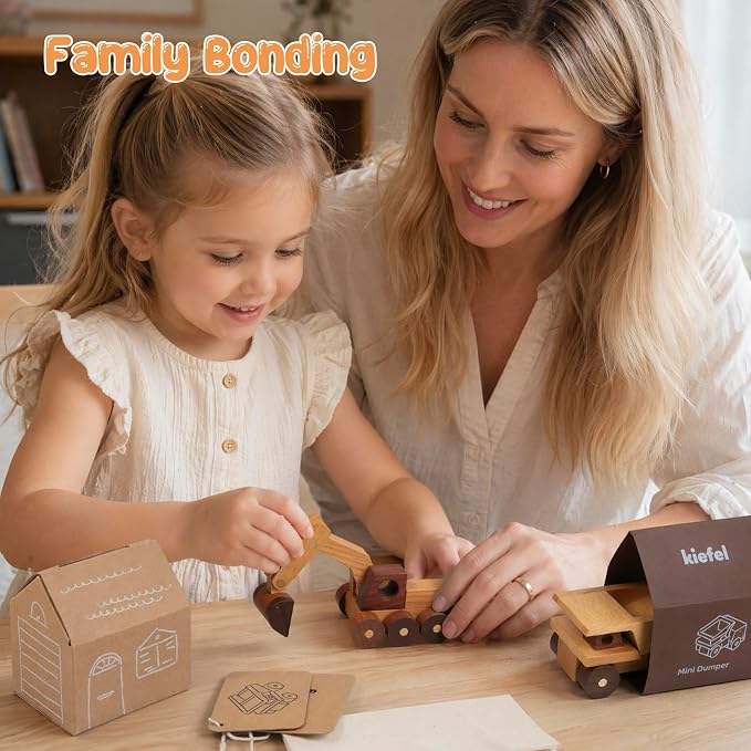 Wooden Toy Cars for 3 Year Old Boys & Girls - Construction Vehicles Set Push Toys for Toddlers, Wood Montessori Car with Rolling Wheels, Natural Wood Toys (Excavator & Dump Truck)