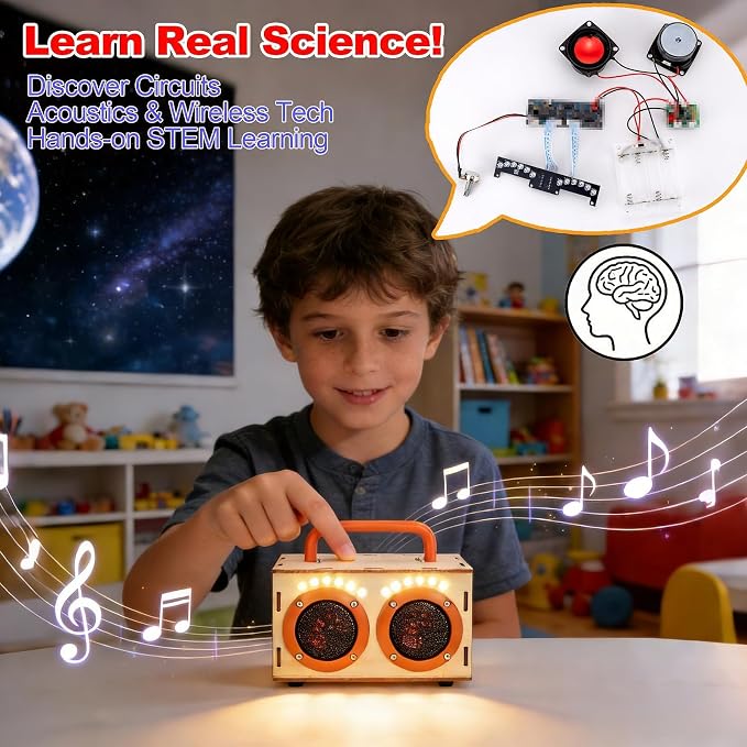 STEM Science Toys for Boys Girls Age 8-12, DIY Bluetooth Speaker Kit No Soldering, Wooden Electronics Building Set with LED Light, Build Your Own STEM Gift for Teens Kids Birthday