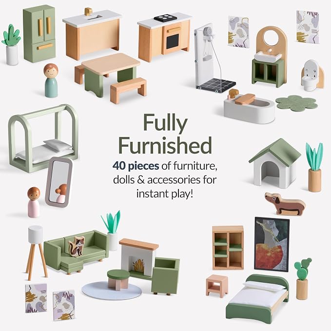 Best Choice Products Modern Wooden Dollhouse for Kids, 3-Story Doll House with 40 Furniture Accessories, Interactive Dollhouse Set with Dolls, Multi-Room Design for Girls & Boys - Sage