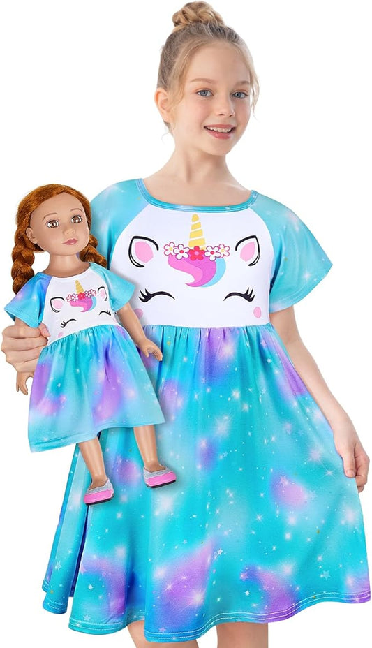 Play Tailor Doll and Girl Matching Nightgown Unicorn Outfit Pajamas Night Dress for Girls and 18" Dolls Clothes