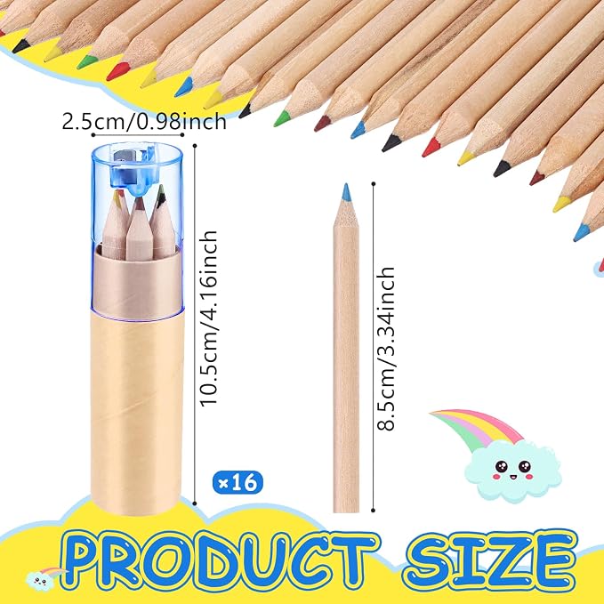 16 Pack Mini Drawing Colored Pencils With Sharpener Set for Kids - 3.3inch Short Fat Color Pencils in Tube for Adult Coloring Books, Classroom School