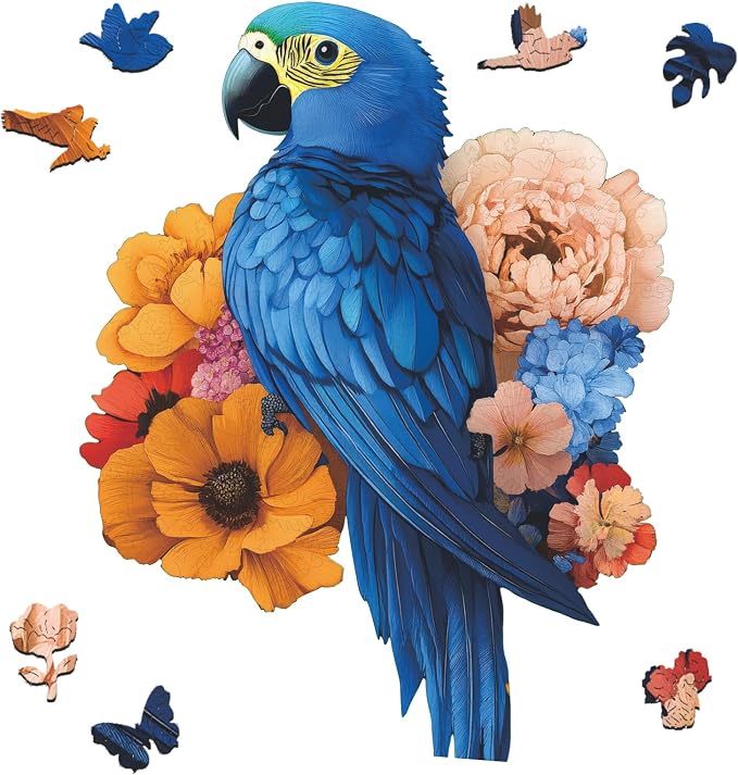 Mys Aurora Wooden Puzzles for Adults, Blue Parrot Couple Jigsaw Puzzles 500 Pieces, 16.6 x 16.5 Inch, Royal, Unique Shaped Round Blue Parrot Puzzles for Adults and Kids, Family Game