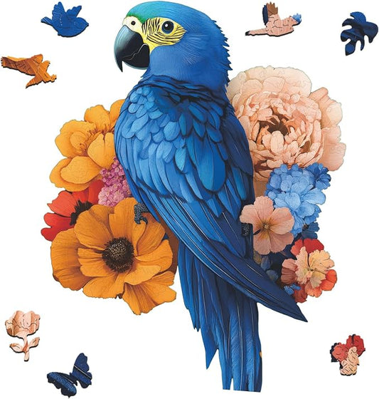 Mys Aurora Wooden Puzzles for Adults, Blue Parrot Couple Jigsaw Puzzles 500 Pieces, 16.6 x 16.5 Inch, Royal, Unique Shaped Round Blue Parrot Puzzles for Adults and Kids, Family Game