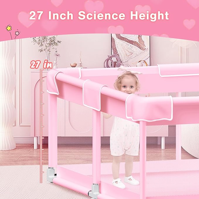 Pink Baby Playpen 50x50 Inches Playpen for Little Princess Play Yards Indoor & Outdoor Sturdy Safety Baby Girls Play Pen with Soft Breathable Mesh Toddlers Activity Center with Anti-Slip Base