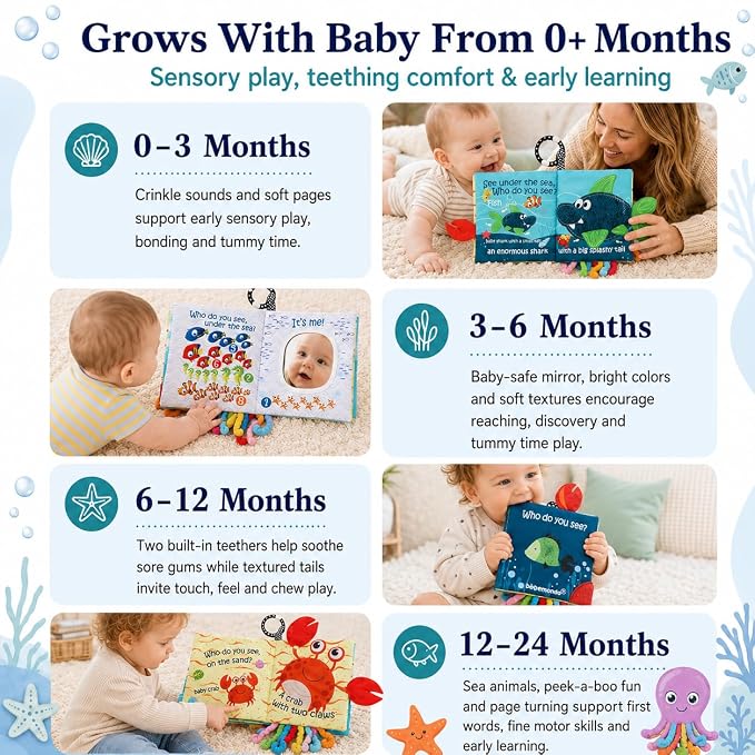Fish Baby Book, Crinkle Books for Babies, Touch & Feel Soft Books, Infant Baby Toys 0-3 0-6 6-12 Months, Sensory Mirror Toy, Teether Ring, Baby Shower, Baby Basket Stuffers,Gifts for Boys Girls -Blue