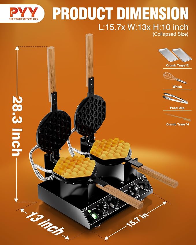 PYY 2-Head Bubble Waffle Maker - 3100W Commercial Hong Kong Egg Waffle Maker,180° Rotate, Non-Stick Plate, 50-250℃ Adjustable Temp, Bubble Waffle Machine for Commercial Use, 110V, Black