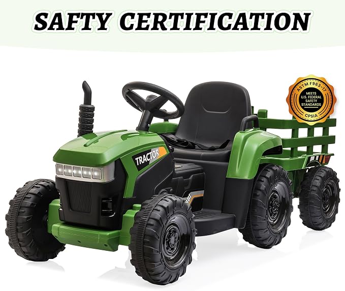 TOBBI Kids Electric Ride On Toy Tractor, Toddlers 12V Battery-Powered Car to Drive, 35W Dual Motor 6-Wheels Trailer Vehicle with 3-Speeds/LED & Horn Functions for Chirdren Aged 3-8-Dark Green